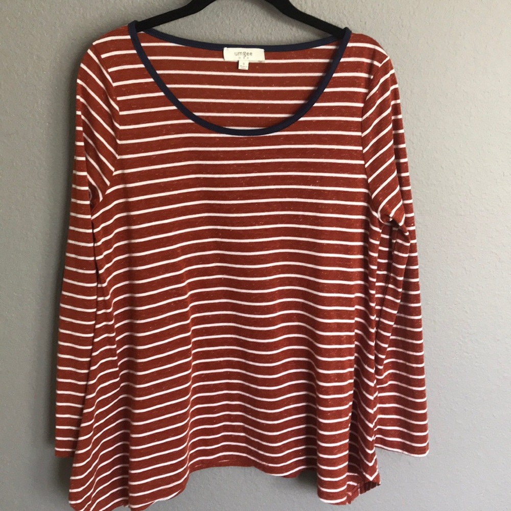 Umgee Orange Striped Shirt With Navy Elbow Patch